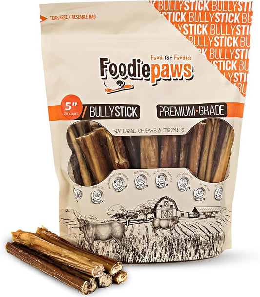 FOODIEPAWS 5 Inch Bully Sticks for Dogs, 25 Pack Bulk | All Natural, Grass-Fed Beef | High Protein, Rawhide-Free & Fully Digestible Dog Chews | Long Lasting Dental Treats for Small & Medium Dogs