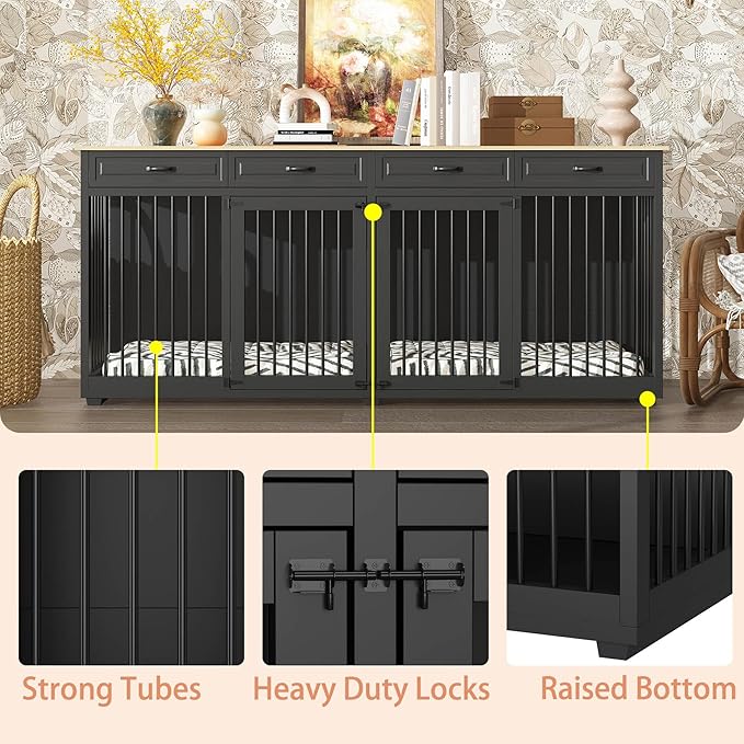 Extra Large Dog Crate, 86.6" Heavy Duty Wooden Dog Cage Furniture Dog Crate Kennel with Drawers & Removable Divider,Indoor Luxury Dog House with Double Rooms for XL L Breed Dogs, Black
