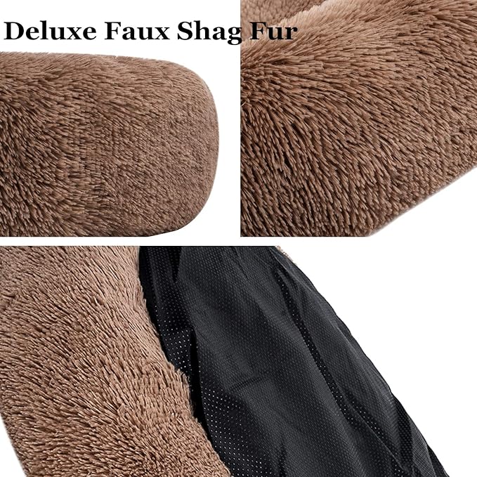 Coohom Oval Calming Donut Cuddler Dog Bed,Shag Faux Fur Cat Bed Washable Round Pillow Pet Bed(30"/36"/43'') for Small Medium Dogs (XL(36"x27"x7"), Camel)