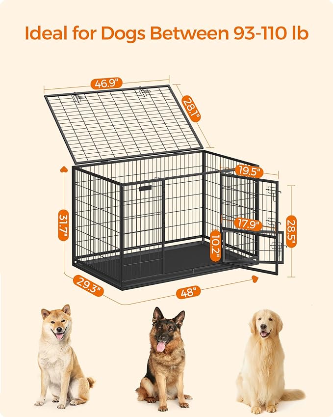 Feandrea 48 Inch Heavy Duty Dog Crate, Metal Escape Proof Dog Kennel with Double Doors and Convenient Feeding Door, Removable Tray, Easy to Clean, XXL Dog Crate for Large and Medium Dogs, Black