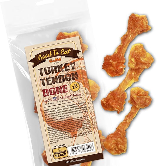 Gootoe Turkey Tendon Dog Treats, Bone (M) 3.17 oz, USA-Sourced Turkey Tendon, Natural Snack, Premium Puppy Chews, Hypoallergenic, Reseal Value Bags, Sizes for Medium Dogs