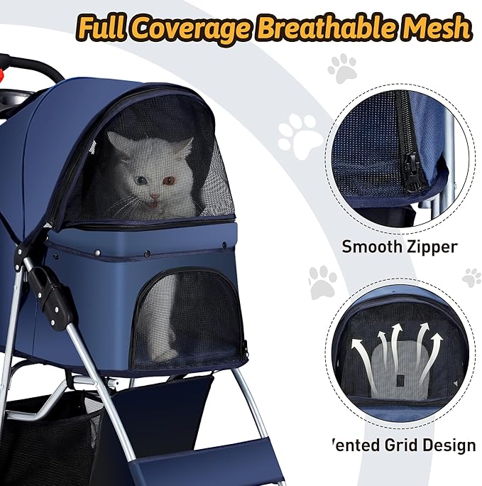 Pet Stroller, 4 Wheels Pet Strolling Cart for Medium/Small Dogs and Cats, Foldable Cat Jogger/Dog Stroller with Cup Holder, Storage Basket, Breathable Mesh, All-Season Pet Carrier, Navy Blue