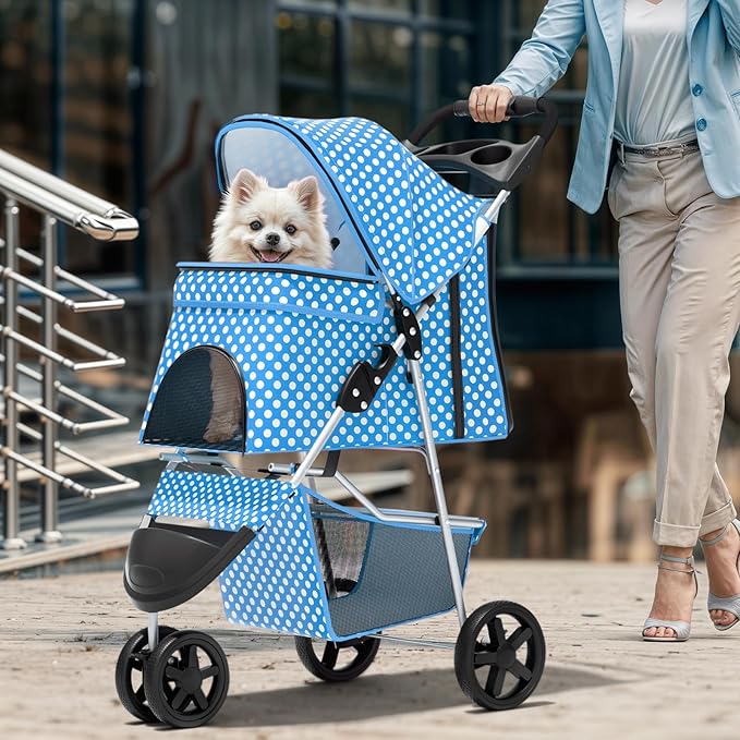 Magshion 3-Wheel Pet Stroller, Foldable Travel Jogger for Small & Medium Dogs & Cats (Up to 33lbs), Lightweight Carrier with Breathable Mesh Cover, Cup Holder & Storage Basket, Sky Blue Polka Dots
