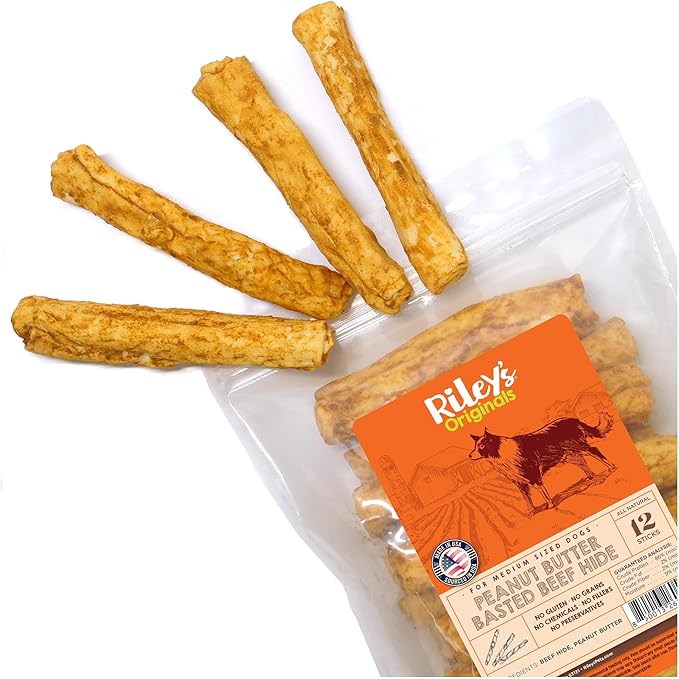 Riley's Peanut Butter Beef Hide Dog Treats, USA Sourced & Made Rawhide Chew Sticks, Raw Hides for Medium Dogs, 12 ct
