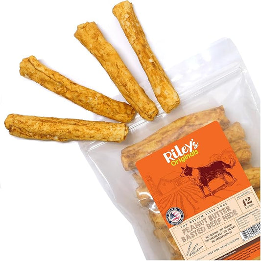 Riley's Peanut Butter Beef Hide Dog Treats, USA Sourced & Made Rawhide Chew Sticks, Raw Hides for Medium Dogs, 12 ct
