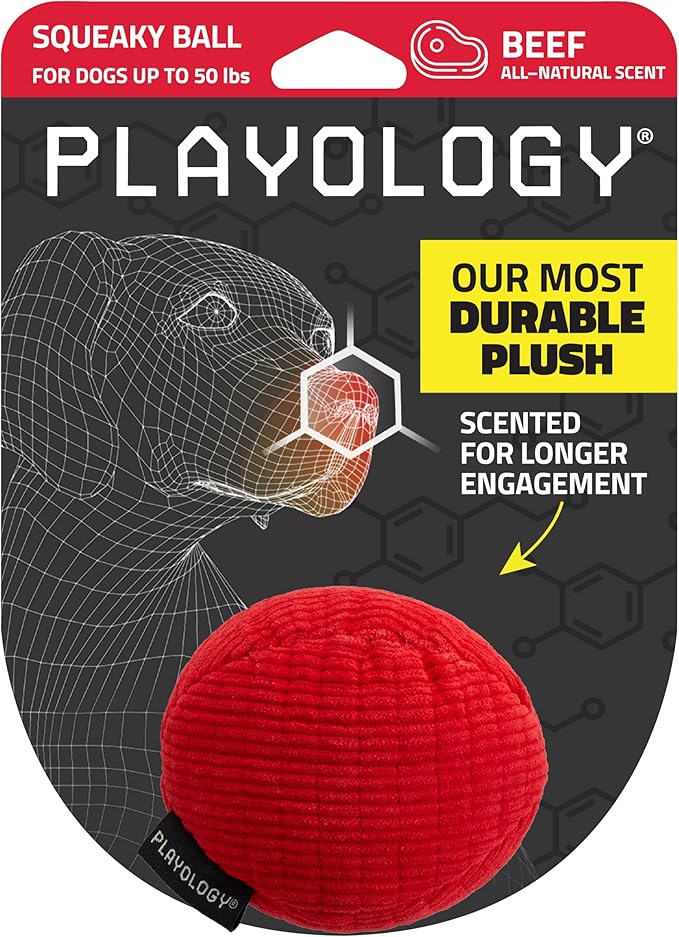 Playology Dog Toys | Squeaky Plush Toy Ball for Dogs | Medium Beef Scented Toy - Easy to Clean and Made from Non Toxic Materials
