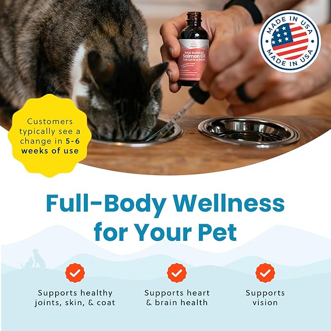 Wild Alaskan Salmon Oil for Cats & Small Dogs, Supports Skin, Coat, Joint & Overall Well-Being, Pure & Premium Alaskan Salmon Oil for Dogs & Cats with No Fillers, 2 oz