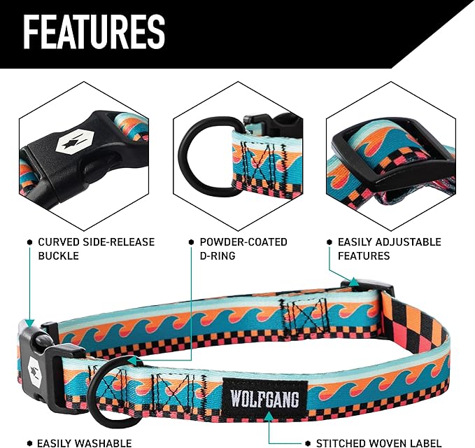 Wolfgang Heavy Duty Martingale Dog Collar with Quick Release Nylon Buckle for Walking & Training, BuenaOnda Print, Medium