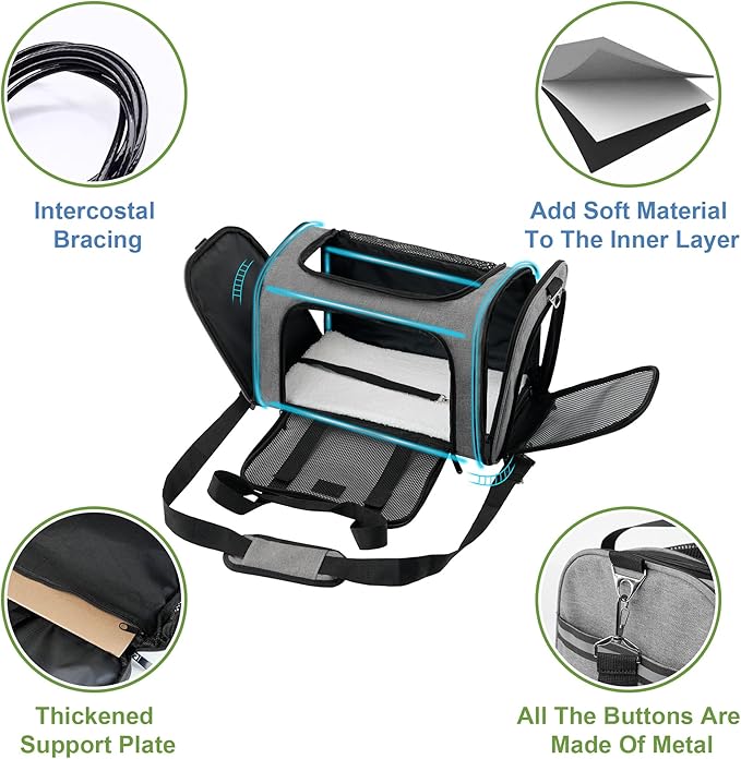 Soundy Large Cat Carrier Dog Carrier Under 25 Lbs,Collapsible Ventilated Portable Pet Bag with Soft Sided Breathable Mesh for Long Car Trips Maxi Load 2 Kittens or Small, Medium Dog (Large Grey)