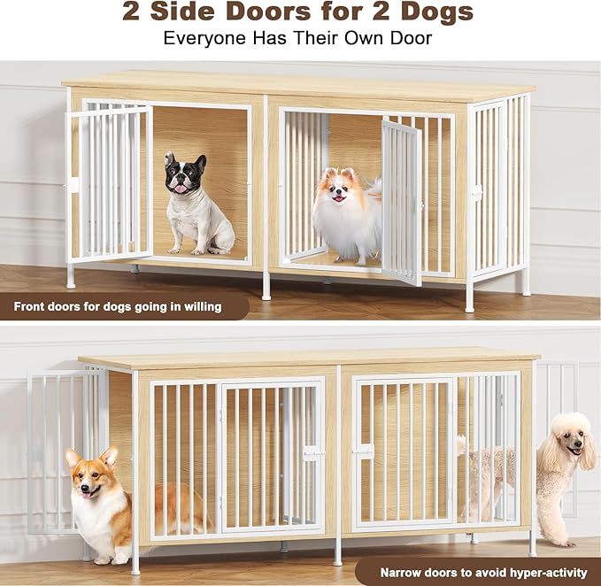 EasyCom Dog Crate Furniture for 1 or 2 Dogs, Heavy Duty Single/Double Dog Crates for Small/Medium/Large Dogs, Dog Kennel Furniture Indoor as TV Stand, Medium Size 63" L(20-35 Pounds), Off White