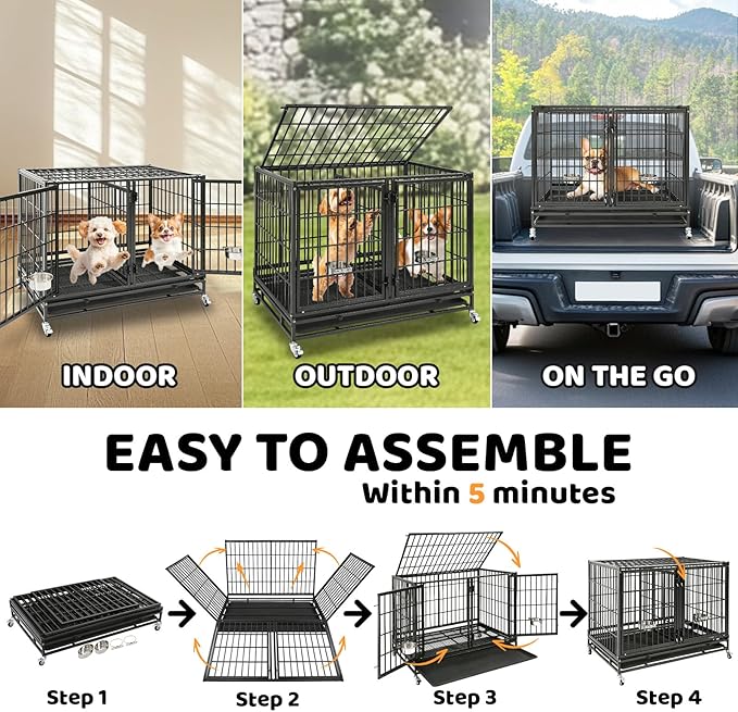Homey Pet 43 Inch Stackable Heavy Duty Dog Crate Cage Kennel with Lockable Wheels, Removable Tray & Grid, Divider, Feeding Bowls, Escape Proof Drop Cage Bank for Small Medium Large Sized Dogs(3 Tiers)
