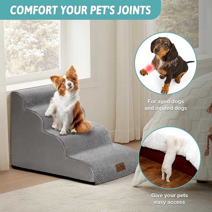 Dog Stairs for Small Dogs 19.7" H, Curved Dog Step for Puppy, Older or Cat, Medium Pet Ramp for Sofa, Couch or Bed, Ladder with High Density Foam, 4 Step, 15.7x28.3x19.7 inch, Grey