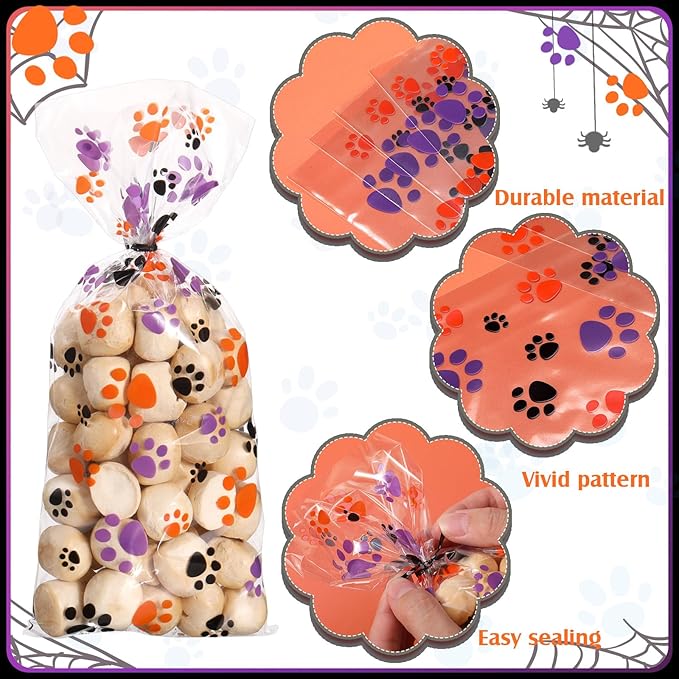 Blulu 100 Pieces Dog Treat Bags Puppy Party Favor Pet Paw Cone Cellophane Bags Candy Heat SealableDog Paw Gift with 100 Pieces Silver Twist Ties for Pet Cat Treat Party Favor(Orange, Black, Purple)