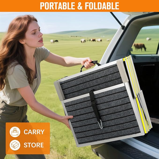 Dog Stairs for Large Dogs - Reflective 20" Wide Dog Car Ramp, 4-Step Aluminum Stairs with Non-Slip Carpet - Foldable Design for Trucks/SUVs/Beds - Heavy Duty 200Lbs Capacity for Large Breeds