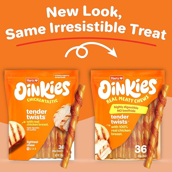 Hartz Oinkies Tender Twists with Real Chicken Breast Rawhide-Free Dog Treats, Highly Digestible Dog Chews, 36 Count