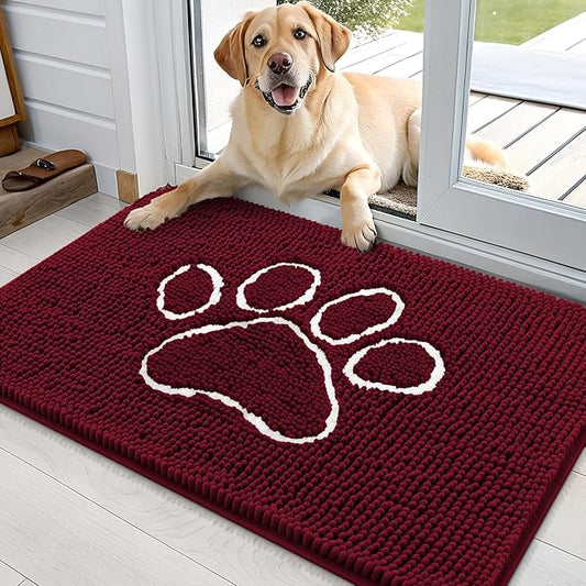 OLANLY Dog Door Mat for Muddy Paws 36x24, Paw Print Design, Absorbs Moisture and Dirt, Absorbent Non-Slip Washable Doormat, Quick Dry Chenille Mud Mat for Dogs, Entry Indoor Entryway Carpet, Burgundy