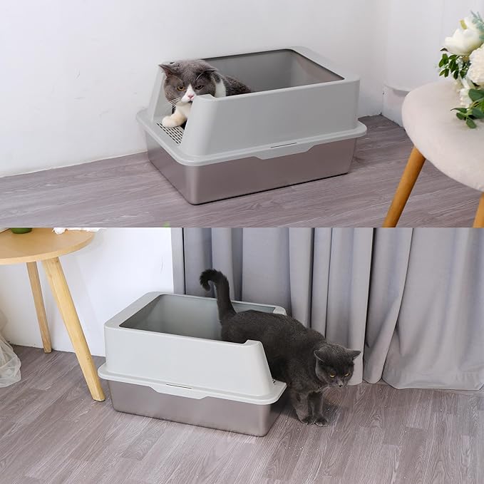 Stainless Steel Litter Box with Lid 2packs，Metal Litter Box with Covered Easy to Clean,Extra Large Litters Boxes for Big Cats with Scoop,Litters Boxes High Sided, Non-Sticky, Anti-Leakage