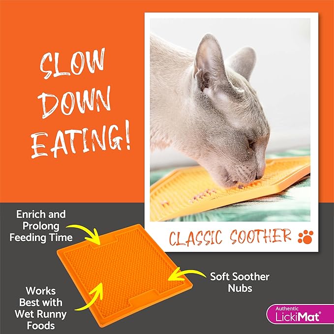 LickiMat Classic Soother, Cat Slow Feeder Lick Mat, Boredom Anxiety Reducer; Perfect for Food, Treats, Yogurt, or Peanut Butter. Fun Alternative to a Slow Feed Cat Bowl or Dish, Orange