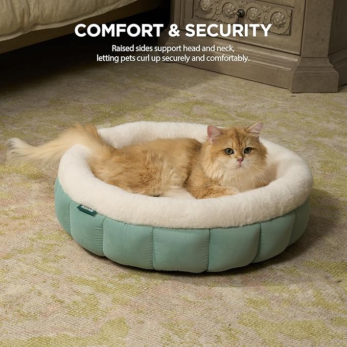 BALANCE Cat Beds for Indoor Cats, Washable Round Cat Bed, Cute Kitten Bed with Anti-Slip Bottom for Kitty and Puppy, 18 Inches, Granite Green