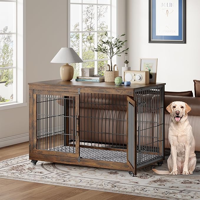 Dog Crate Furniture with Cushion Set of 2, Wooden Dog Kennel Indoor with Double Doors, Dog Cage with Wheels, Dog House Side End Table for Large Dogs up to 85 lb, 44" L, Rustic Brown