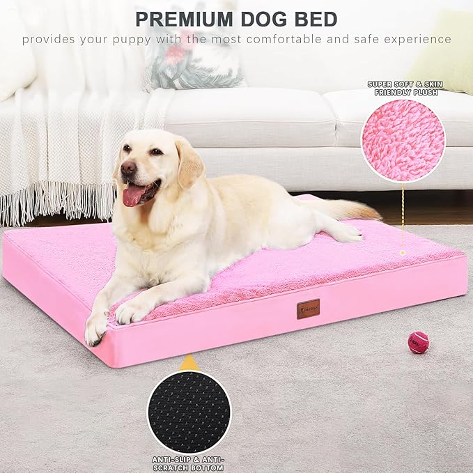 MIHIKK Waterproof Dog Beds Large Sized Dog Orthopedic Pet Beds for Crate with Removable Washable Cover Egg-Crate Foam Pet Pad Mat with Anti-Slip Bottom, 41x27 Inch, Pink