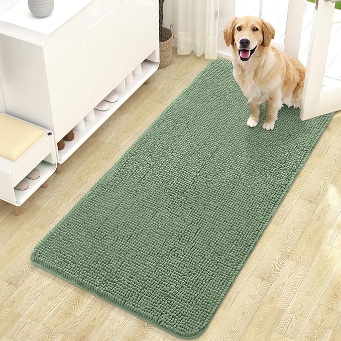 OLANLY Dog Door Mat for Muddy Paws 47x24, Absorbs Moisture and Dirt, Absorbent Non-Slip Washable Doormat, Quick Dry Chenille Mud Mat, Entry Indoor Entryway Carpet for Inside Floor, Olive Green