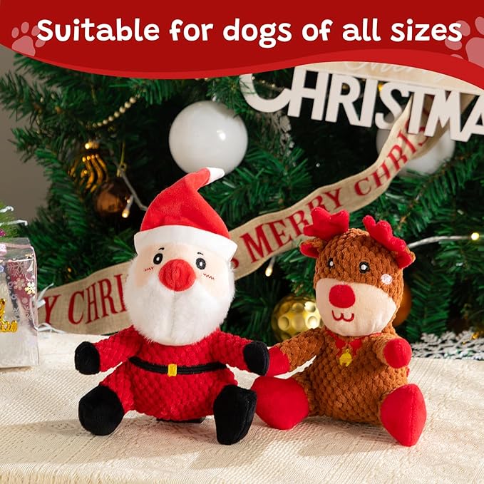 Hollypet Christmas Squeaky Plush Stuffed Durable Dog Toys, Cute Puppy Chew Toys for Small, Medium and Large Breed Dogs,Santa Claus and Christmas Elk