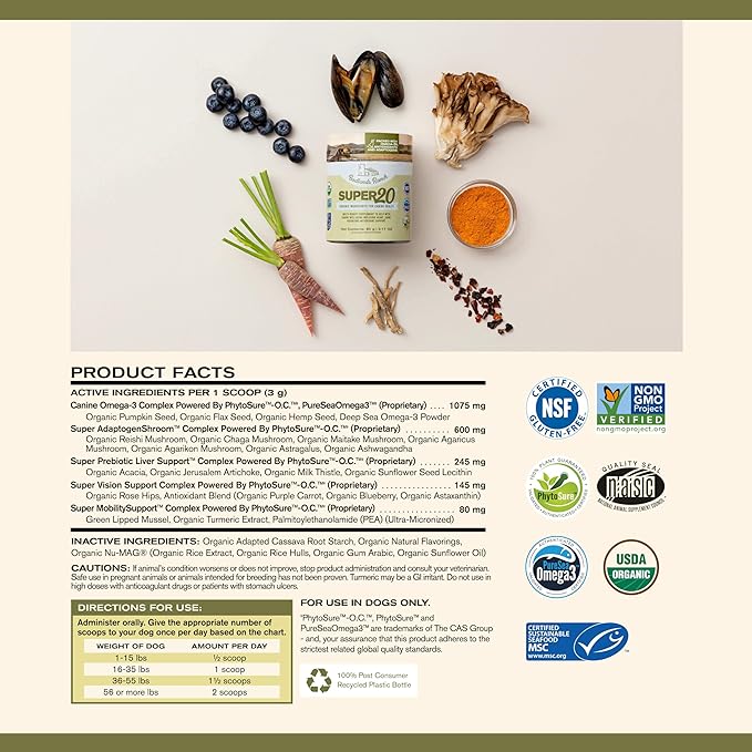 Super20 Canine Supplement Organic Ingredients Multi-Benefit Supplement, Ashwagandha, Help w/Canine Well-Being, Heart, Joint, Vision, Antioxidant Support by Katherine Heigl (30 scoops)