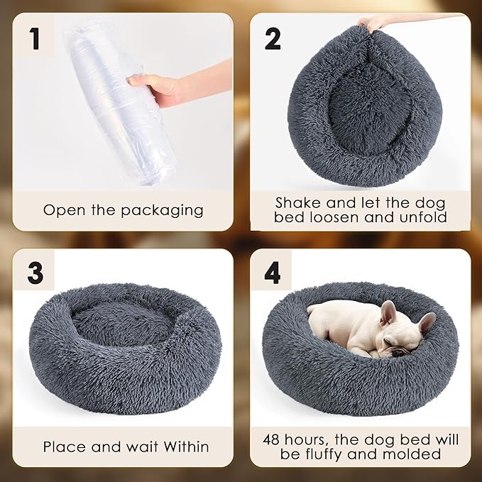 Hoewina Dog & Cat Bed, 20in Cat Beds for Indoor Cats, Calming Donut Bed for Puppy and Kitten, Washable Round Fluffy Pet Bed for Small Medium Dogs and Cats (Dark Grey)