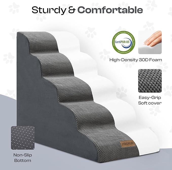 Dog Stairs for High Beds Up to 26", Extra-Tall 24.5" 5-Step Foam Pet Ramp with Washable Cover, Gentle Slope Steps, Bed & Couch Ladder for Small Medium Dogs & Senior Cat, Puppy Climbing Stairs