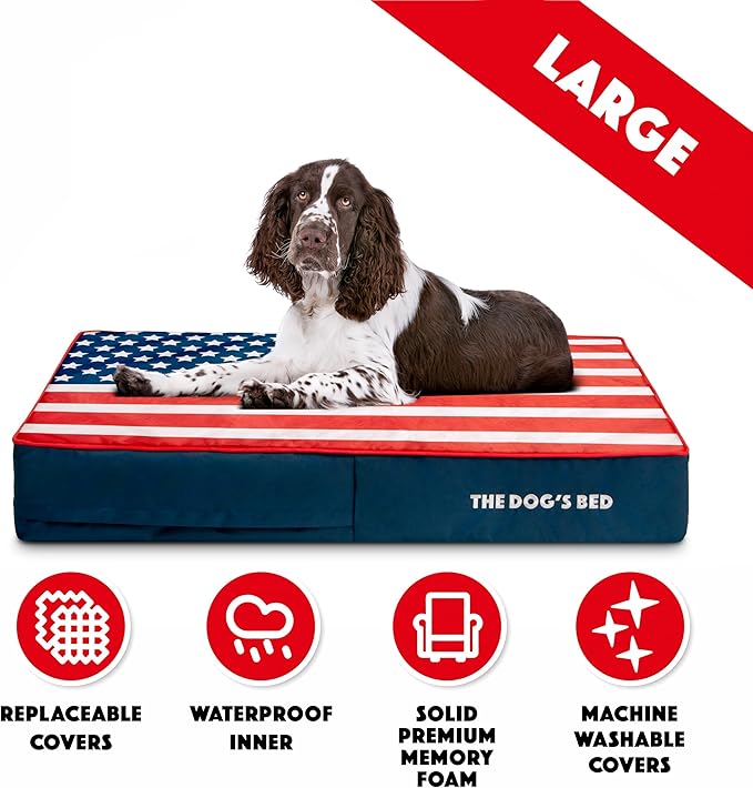 The Dog’s Bed Orthopedic Memory Foam Dog Bed, Large Blue & Red Trim USA Center Flag 40x25,Pain Relief for Arthritis, Hip & Elbow Dysplasia, Post Surgery, Supportive, Calming, Waterproof Washable