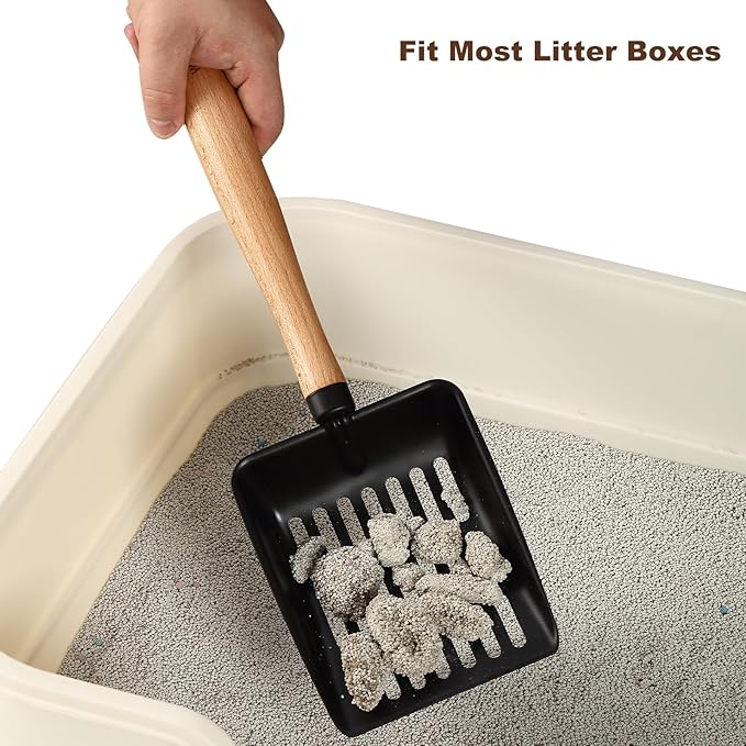 Premium Cat Litter Scoop with Ergonomic Beech Wood Handle - Stainless Steel Sifter with Hook & Hole for Easy Cleaning, Durable & Odor-Free (Teflon Long)
