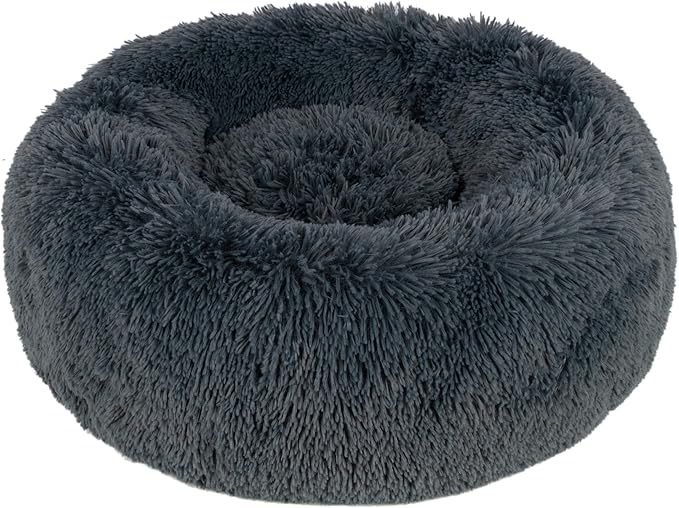 Best Pet Supplies Round Donut Dog Bed with Plush Faux Fur Fabric, Calming, Anti-Anxiety Cushion for Indoor Pets, Slip-Resistant Base, Soft Ergonomic Support - Gray, 30x30x8''