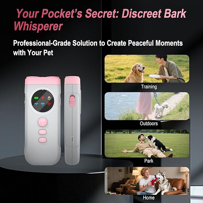 Dog Bark Deterrent Device-2X High-Power Emitters | Anti Barking with 5 Training Modes, 50ft Range, Shock Collar Alternative, 1500mAh Battery, LED Display, Safe Ultrasonic Bark Shield for Dogs (Pink)