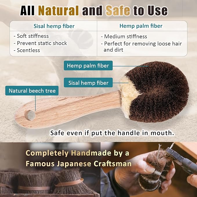 Dog Grooming Massage Tawashi Brush with Wood Handle Less Static Natural palm fiber Made in Japan (Small dog A)