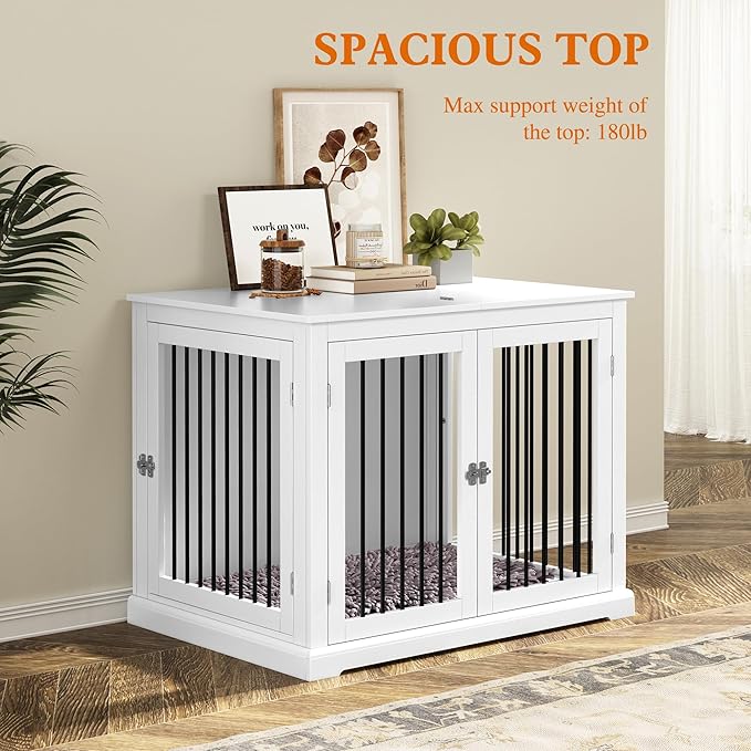 Dog Crate Furniture with Cushion, Dog Crate End Table Large, Indoor Dog Kennel, Dog House, Dog Cages for Large Dogs, Furniture Style Dog Crate with Flip-top, Chew-Proof Metal Bars, White