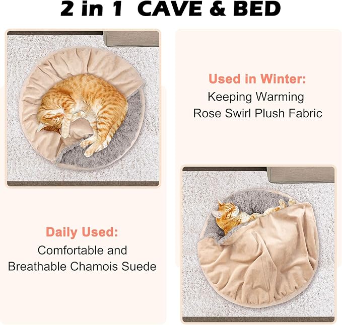 GASUR Small Dog & Cat Bed, 23'' Donut Pet Bed Mat with Hooded Blanket, Anti-Anxiety Burrow Cave Bed, Cozy Puppy Bed, Machine Washable, for Indoor Pets up to 20lbs