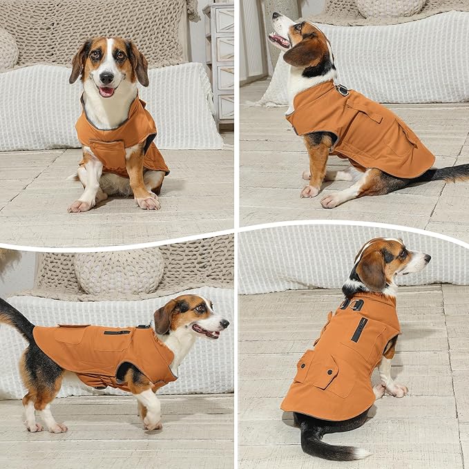 Workwear Style Dog Coats with Harness Built in for Small Dogs Windproof Warm Puppy Jacket with Storage Pockets for Cold Winter,BrightBeige XL