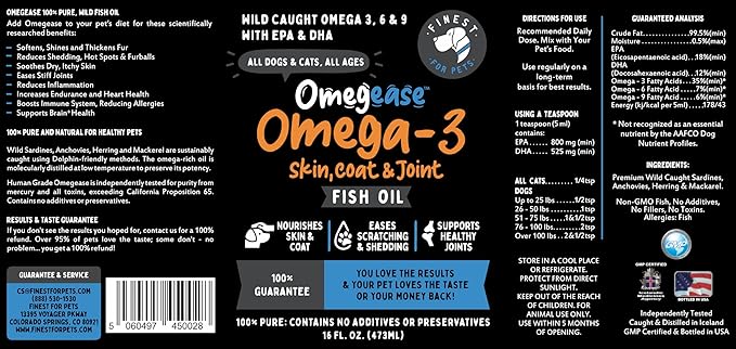 Omegease Fish Oil for Dogs & Cats - Finest for Pets Omega 3 for Cats & Dogs - Supplement for Skin & Coat, Itching, Shedding, Joints & Immune Health - 100% Pure Omega Fish Oil with EPA & DHA (16 oz)