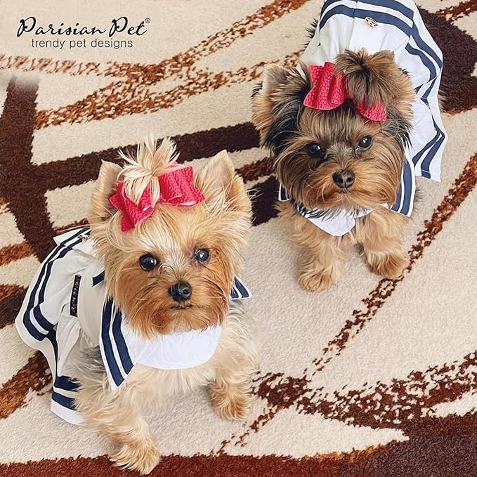 Parisian Pet Dog Dress - Lightweight Sailor Outfit - Breathable Summer Clothes - Pure Cotton White and Blue Dress - XS for Small Dogs Girl