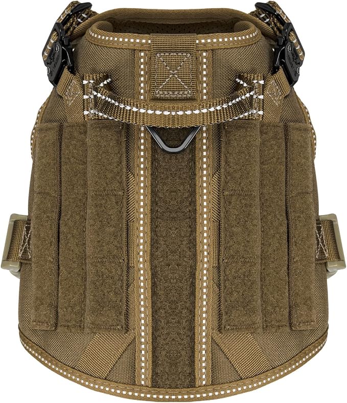 ICEFANG Tactical Dog Harness, Small Size,2X Metal Buckle,Working Dog MOLLE Vest with Handle,No Pulling Front Leash Clip,Hook and Loop Panel (Brown,S (Pack of 1))