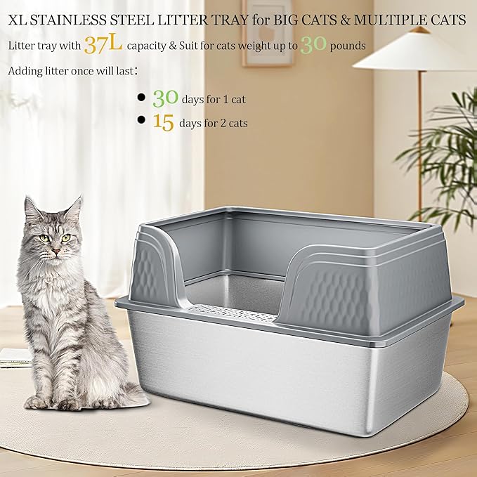 Vealind XXL Stainless Steel Cat Litter Box High Sided with Lid 23.7" L x 16" W x 14" H Anti Leakage Extra Large Metal Cat Litter Tray with Scoop and Mat for Big Cats (Grey)