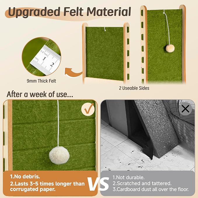 L Shaped Cat Scratcher with Ball Toy Felt Standing Cat Scratching Board for Indoor Cats Adults Vertical Scratch Pad Furniture Protector Kitten Toys 26.8 Inch-Green