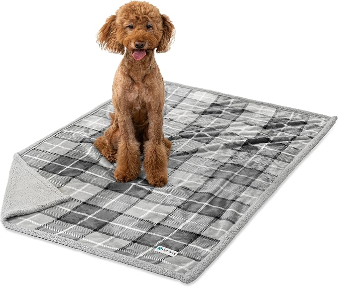 PetAmi Waterproof Dog Blanket for Medium Large XL Dog Puppy Cat Throw for Couch Cover Leakproof Protection, Sherpa Fleece, Reversible Soft Washable 80x60 Plaid Light Gray
