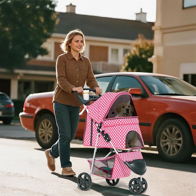 Cat Dog Stroller,3-Wheels Pet for Medium/Puppy Dogs 30 Lbs, Cat Strollers for 1 Cats, Foldable Dog Stroller with Storage Basket and Cup Holder, Breathable Mesh Pink Polka Dots