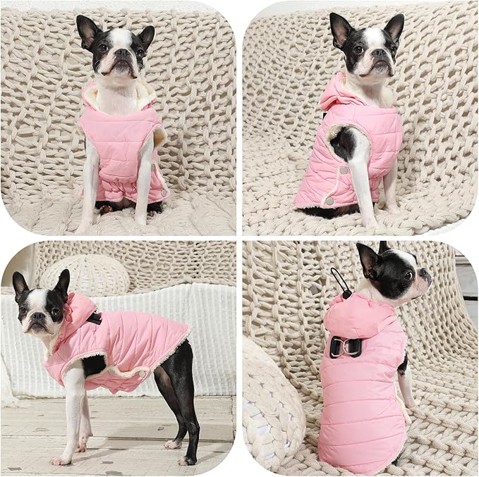 Fleece Lining Dog Hoodie with Harness Built in,Extra Warm Large Dog Jacket in Winter Doggie Coats with Drawstring Hooded,Light Pink XXL
