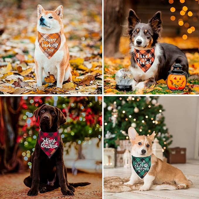 ADOGGYGO 4 Pack Plaid Holiday Dog Bandana, Halloween Thanksgivng Christmas Pet Scarf Kerchief Christmas Thanksgivng Halloween Bandanas for Medium Large Dogs (Large)