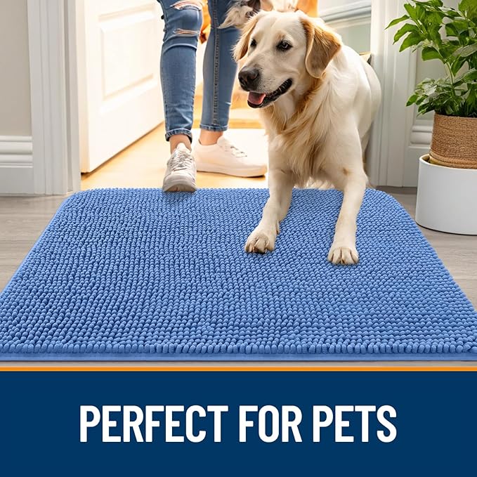 OLANLY Dog Door Mat for Muddy Paws 30x20, Absorbs Moisture and Dirt, Absorbent Non-Slip Washable Doormat, Quick Dry Chenille Mud Mat, Entry Indoor Entryway Carpet for Inside Floor, Cornflower Blue