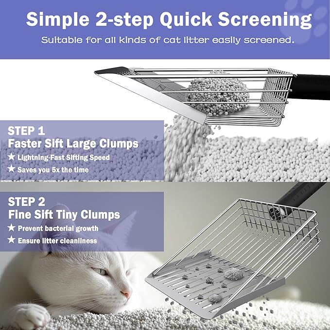 Metal Cat Litter Scooper Kit - Durable Large Steel Litter Scoop with Dual Grid, Includes Broom & Dustpan for Quick, Easy Cleaning