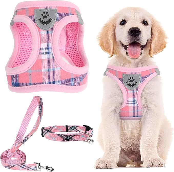 PUPTECK Adjustable Dog Harness Collar and Leash Set Step in No Pull Pet Harness for Small Medium Dogs Puppy and Cats Outdoor Walking Running, Soft Mesh Padded Reflective Vest Harnesses, Pink XL